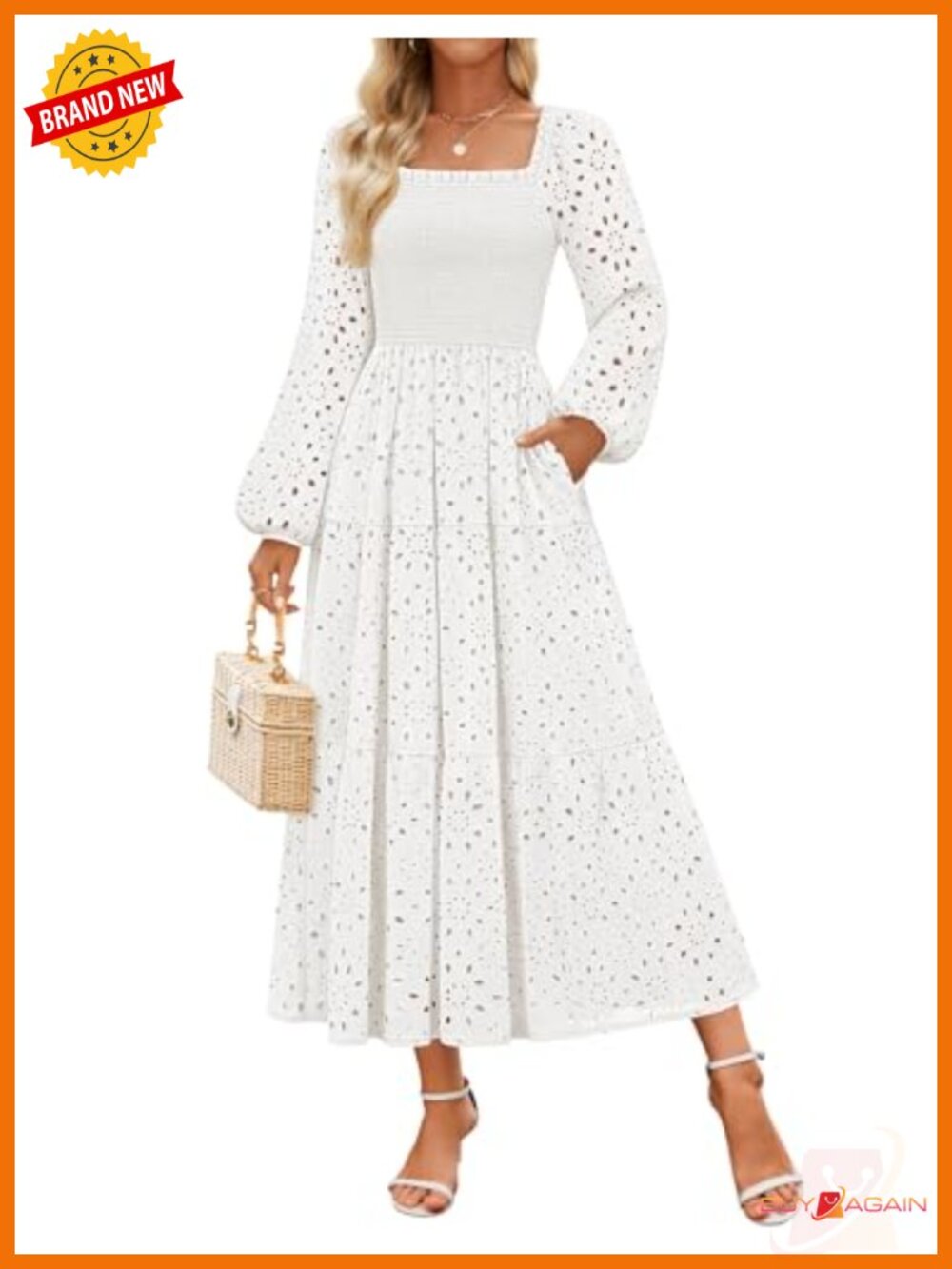 Eyelet Long Sleeve Maxi Dress Smocked Waist A-Line Wedding Guest